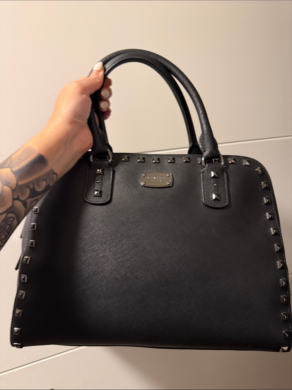 Micheal Kors Black Studded Dome Satchel Handbag
